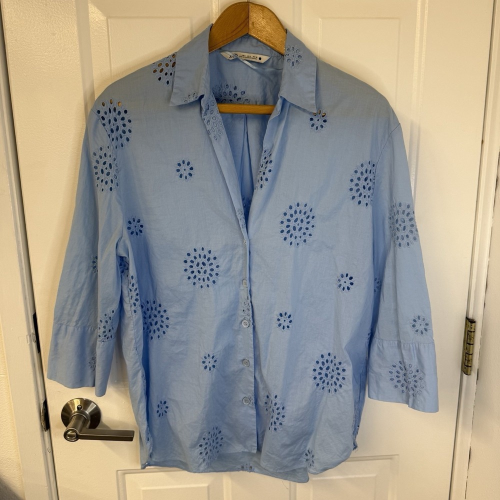 Zara Shirt Blue Cotton Embroidered Eyelet 3/4 Sleeve Womens Size Small